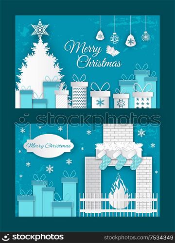 Merry Christmas origami postcard with abstract fire in fireplace, presents with bows in gift boxes. Vector paper cut greeting card with snowflakes. Merry Christmas Origami Postcard, Fire and Gifts