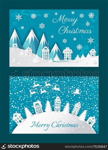 Merry Christmas paper cut. Buildings near fir-trees in mountains and hills. Snowflakes and seedling Santa Claus with five deers vector illustration. Merry Christmas Postcard Buildings Mountain Vector