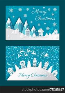 Merry Christmas paper cut. Buildings near fir-trees in mountains and hills. Snowflakes and seedling Santa Claus with five deers vector illustration. Merry Christmas Postcard Buildings Mountain Vector