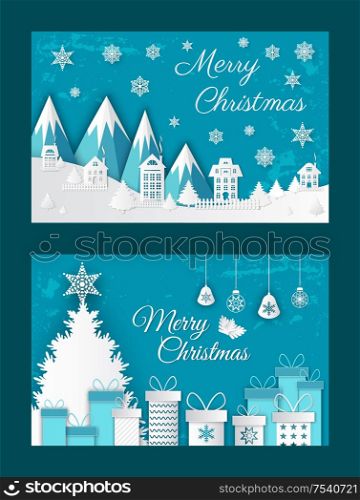 Merry Christmas paper cut greeting card with snowy mountains, abstract houses and snowflakes. Gift boxes and New Year trees, presents and toys vector. Merry Christmas Paper Cut Greeting Card with Snow