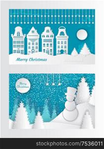 Merry Christmas paper cut invitation with house buildings, moon ant trees. Snowman in forest, origami spruces, cut out greeting card, vector landscape. Merry Christmas Paper Cut Card House Buildings