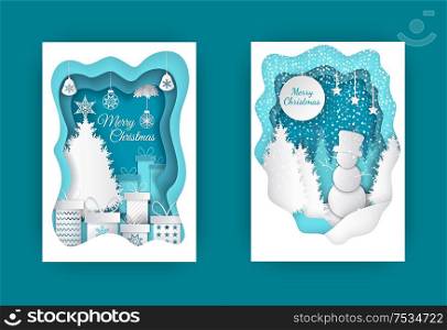 Merry Christmas paper cut with snowman and tree vector. Bauble and star on pine top, presents in decorative boxes, giftboxes and winter character in hat. Merry Christmas Paper Cut with Snowman and Tree