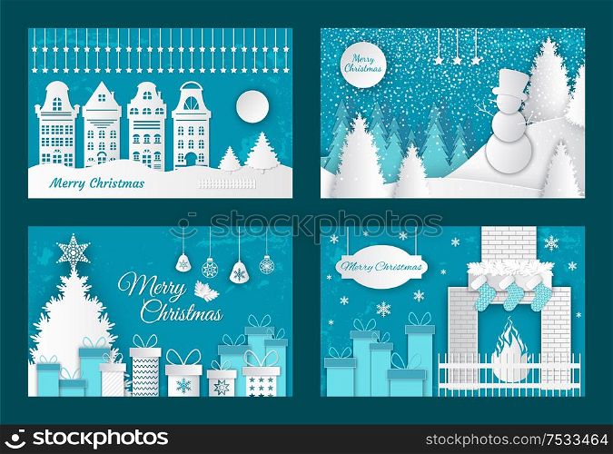Merry Christmas paper cuts, decorated pine tree with gifts vector. Old town with buildings, fireplace with sock for presents. Snowman in winter wood. Merry Christmas Paper Cuts, Pine Tree with Gifts