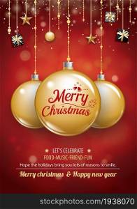 Merry christmas party and gold ball on dark background invitation theme concept. Happy holiday greeting banner and card design template.