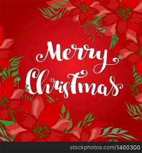 Merry Christmas party invitation and Happy New Year Card or poster Holiday design templatewith lettering text and poinsetia flowers. Merry Christmas party invitation and Happy New Year Party Invitation Card and poster Holiday design template Christmas decoration fir tree, poinsetia