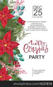 Merry Christmas party invitation and Happy New Year Party Invitation Card and poster Holiday design template Christmas decoration fir tree, poinsetia.. Merry Christmas party invitation and Happy New Year Party Invitation Card and poster Holiday design template Christmas decoration fir tree, poinsetia
