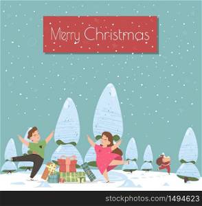Merry Christmas Party Invitation, Winter Holidays Greeting Card Cartoon Vector Template. Happy Children, Boy and Girl Dancing on Snow near Christmas Gifts, Running Away Santa Hand Drawn Illustration