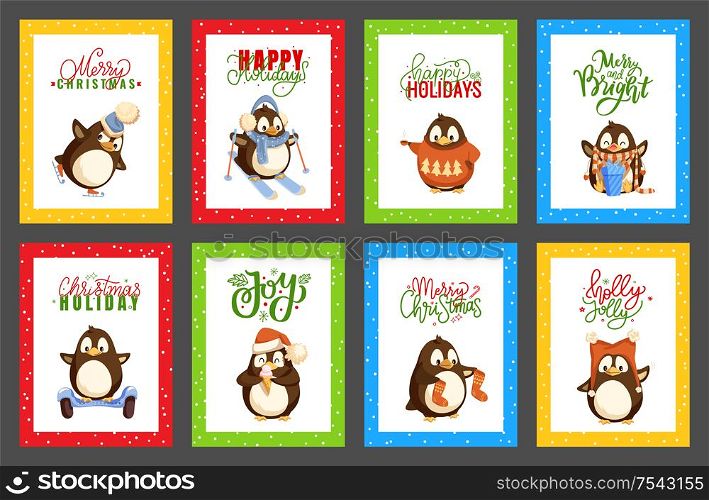 Merry Christmas penguin wearing knitted sweater with pine tree print vector. Hobby skating and skiing, presents and gifts with bows, ribbons decor. Merry Christmas Penguins Having Fun, Vector Cards