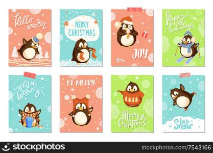 Merry Christmas penguin wearing Santa Claus hat vector. Poster with greeting text, celebrating winter holiday animal opening present from box gift. Merry Christmas Penguin Wearing Santa Claus Hat