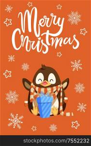 Merry Christmas penguin with presents in boxes vector. Cold weather snowflakes and star, gifts celebration of holiday, animal with knitted scarf and text. Merry Christmas Penguin with Presents in Boxes