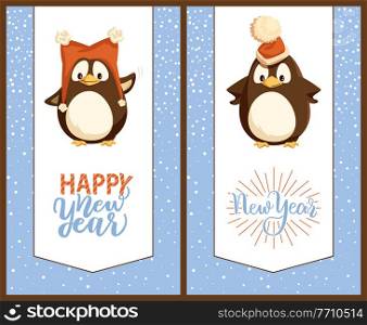 Merry Christmas penguins wearing hats cards set vector. Arctic animals with cap of Santa Claus on head, snowing weather, blizzard and snowflakes falling. Merry Christmas Penguins Wearing Hats Cards Set