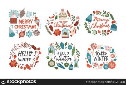 Merry Christmas phrase with wreath hello winter lettering isolated on white background flat design vector illustration
