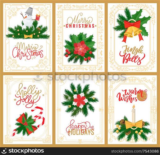 Merry Christmas pine tree branches wreath circle vector. Mistletoe leaves with snowman, bell decorated with ribbon candy lollipop stick holiday sweets. Merry Christmas Pine Tree Branches Wreath Circle