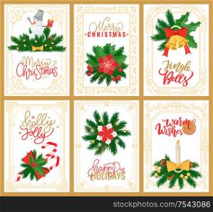 Merry Christmas pine tree branches wreath circle vector. Mistletoe leaves with snowman, bell decorated with ribbon candy lollipop stick holiday sweets. Merry Christmas Pine Tree Branches Wreath Circle