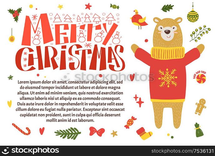 Merry Christmas postcard bear in warm sweater with snowflake vector isolated. Frame of mistletoe and candies, toys and branches, socks and sweets, bows. Merry Christmas Postcard Snowman in Warm Hat Scarf
