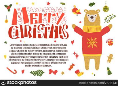 Merry Christmas postcard bear in warm sweater with snowflake vector isolated. Frame of mistletoe and candies, toys and branches, socks and sweets, bows. Merry Christmas Postcard Snowman in Warm Hat Scarf