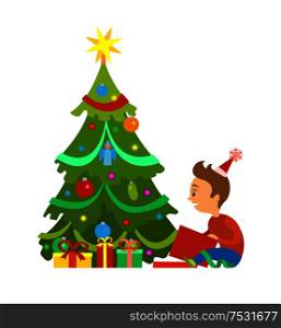 Merry Christmas postcard boy unpacking gifts under New Year tree, decorated spruce with balls and gift boxes, wrapped in paper, vector isolated on white. Merry Christmas, Boy Unpacking Gifts New Year Tree