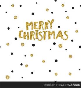Merry Christmas postcard. Christmas typography glitter gold. Polka dot pattern.
