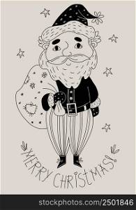Merry Christmas postcard. Cute Santa Claus with bag of gifts and stars. Vertical vector illustration. Linear hand drawing of character, outline for New Year design and decor, greeting cards and print