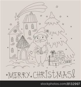 Merry Christmas postcard. Cute Santa Claus with gifts, Christmas tree, New Years houses and Star of Beth≤hem. Vector illustration. Li≠ar drawing, outli≠for design and decor, greeting cards, pr∫