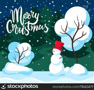 Merry Christmas postcard decorated by snowy tree and snowman traditional symbol. Greeting festive card with fir-tree and snowy weather. Poster of winter holiday with forest and dark view of sky vector. Snowman and Fir-tree, Merry Christmas Card Vector