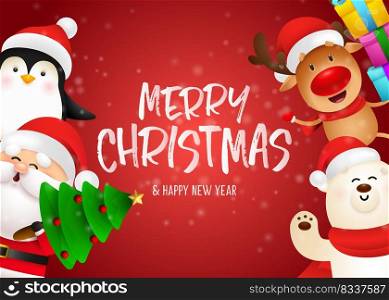 Merry Christmas postcard design. Funny penguin, reindeer, bear and Santa with gifts and tree on red background. Vector illustration for New Year poster, greeting card, party invitation templates