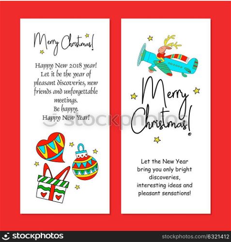 Merry Christmas! Postcard, flyer congratulations. Vector illustration. Nice picture with a deer on the plane. Colored boxes with gifts and Christmas decorations hand drawn.