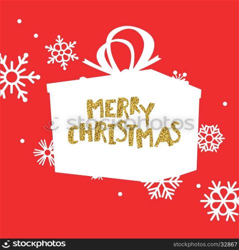 Merry Christmas Postcard. Gift box with gold greeting on red background and snowflakes.