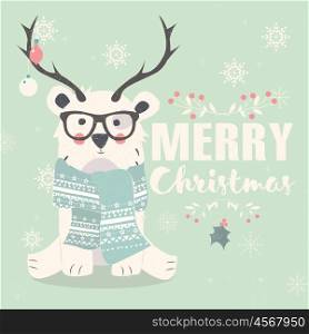 Merry Christmas postcard, hipster polar bear wearing glasses and antlers, vector illustration