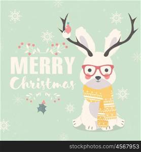 Merry Christmas postcard, hipster polar rabbit wearing glasses and antlers, vector illustration