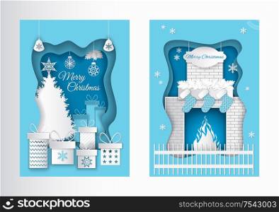 Merry Christmas postcard paper cut pine tree topped by star, flat style presents gift boxes with snowflakes. Fireplace, burning fire, Santa socks vector. Merry Christmas Postcard Paper Cut Pine, Fireplace