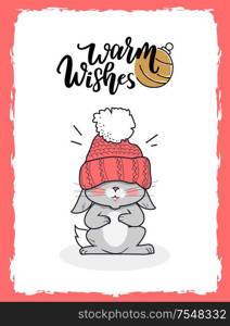 Merry Christmas postcard warm wishes, little gray smiling bunny dressed in knitted red winter hat and scarf on forehead, calligraphic lettering, vector. Merry Christmas Postcard Warm Wishes with Bunny