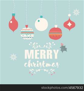 Merry Christmas postcard with balls decoration, snowflakes and flowers, vector illustration