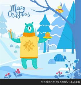 Merry Christmas postcard with bear and bird character near snowy spruce. Holiday animal holding present and cake greeting symbols. Poster with winter landscape and best wishes on festive vector. Winter Landscape and Animal with Present Vector
