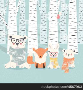 Merry Christmas postcard with bears, fox and rabbit in forest, vector illustration