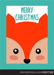 Merry Christmas postcard with cute fox or squirrel head vector cover design with animal. Decorative greeting card with cute mammal in cartoon style. Merry Christmas Postcard with Cute Fox or Squirrel