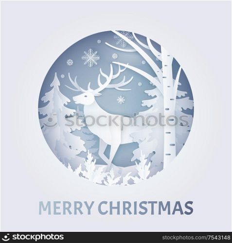 Merry Christmas postcard with deer near trees with snowflakes in round frame. Decorated greeting card with snow falling weather in white color vector, paper art and craft style. Merry Christmas Greeting with Deer in Forest Vector
