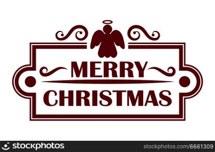 Merry Christmas postcard with frame and curved lines as ornament, icon of angels silhouette above lettering, isolated on vector illustration. Merry Christmas Card and Frame Vector Illustration