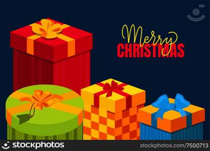 Merry Christmas postcard with gifts packed in decorative boxes, topped by bows. Xmas and New Year presents, winter holidays surprises vector card. Merry Christmas Postcard with Gift Packed in Boxes