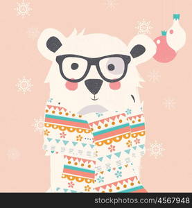 Merry Christmas postcard with hipster polar white bear wearing scarf, vector illustration