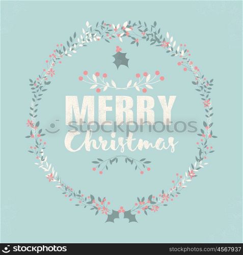 Merry Christmas postcard with lettering and floral wreaths, vector illustration