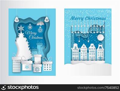 Merry Christmas postcard with paper cut pine tree and gift boxes with snowflakes. Vector origami greeting card with city houses, New Year toys decorations. Merry Christmas Postcard with Paper Cut Pine Tree