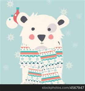 Merry Christmas postcard with polar white bear wearing scarf, vector illustration