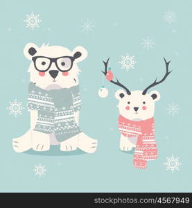 Merry Christmas postcard with two polar bears, hipster and cub, vector illustration