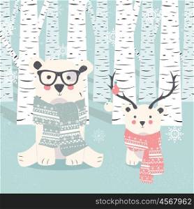 Merry Christmas postcard with two polar white bears in forest, vector illustration