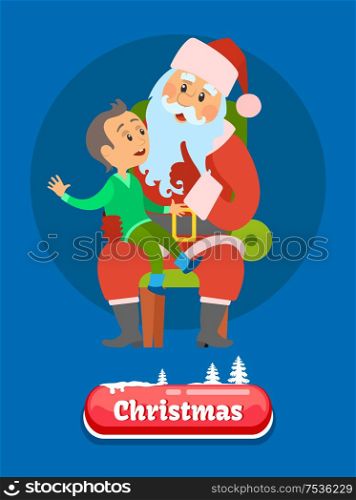 Merry Christmas postcard young kid telling about his dreams to Saint Nicholas sitting on knees and making wishes vector. Santa Claus and Little Boy on Blue. Merry Christmas Kid Telling Dreams to Santa Claus