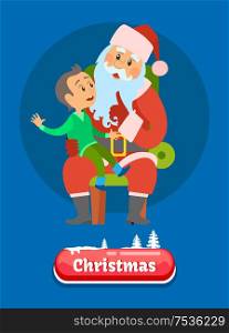 Merry Christmas postcard young kid telling about his dreams to Saint Nicholas sitting on knees and making wishes vector. Santa Claus and Little Boy on Blue. Merry Christmas Kid Telling Dreams to Santa Claus