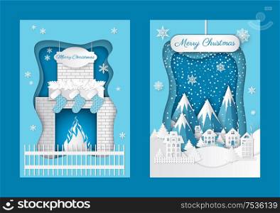 Merry Christmas postcards fireplace and mountains with snow on top. Paper cut houses and fire, snowfall and chimney decorated by socks vector on blue. Merry Christmas Postcards Fireplace and Mountains