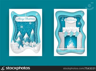 Merry Christmas postcards fireplace and mountains with snow on top. Posters or covers design of paper cut houses and fire, snowfall and chimney vector. Merry Christmas Postcards Fireplace and Mountains