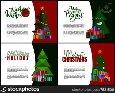 Merry Christmas postcards with green Xmas trees with garland, cartoon smiling face, presents in decorative wrapping paper. Lettering inscriptions vector. Merry Christmas Postcards with Green Xmas Trees